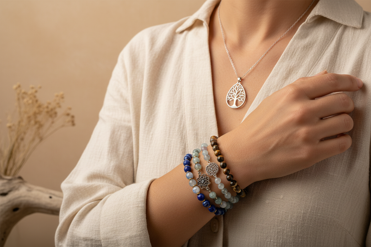 Femme portant bracelets et collier