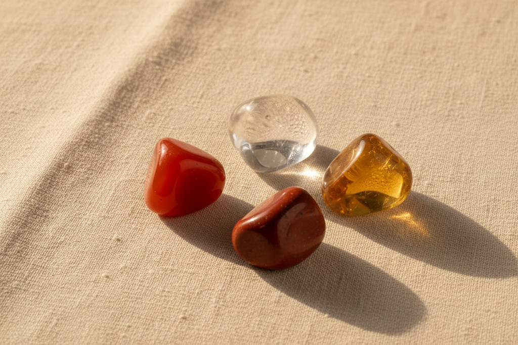 Galets roulés - Cornaline, Cristal de roche, Jaspe rouge, Citrine