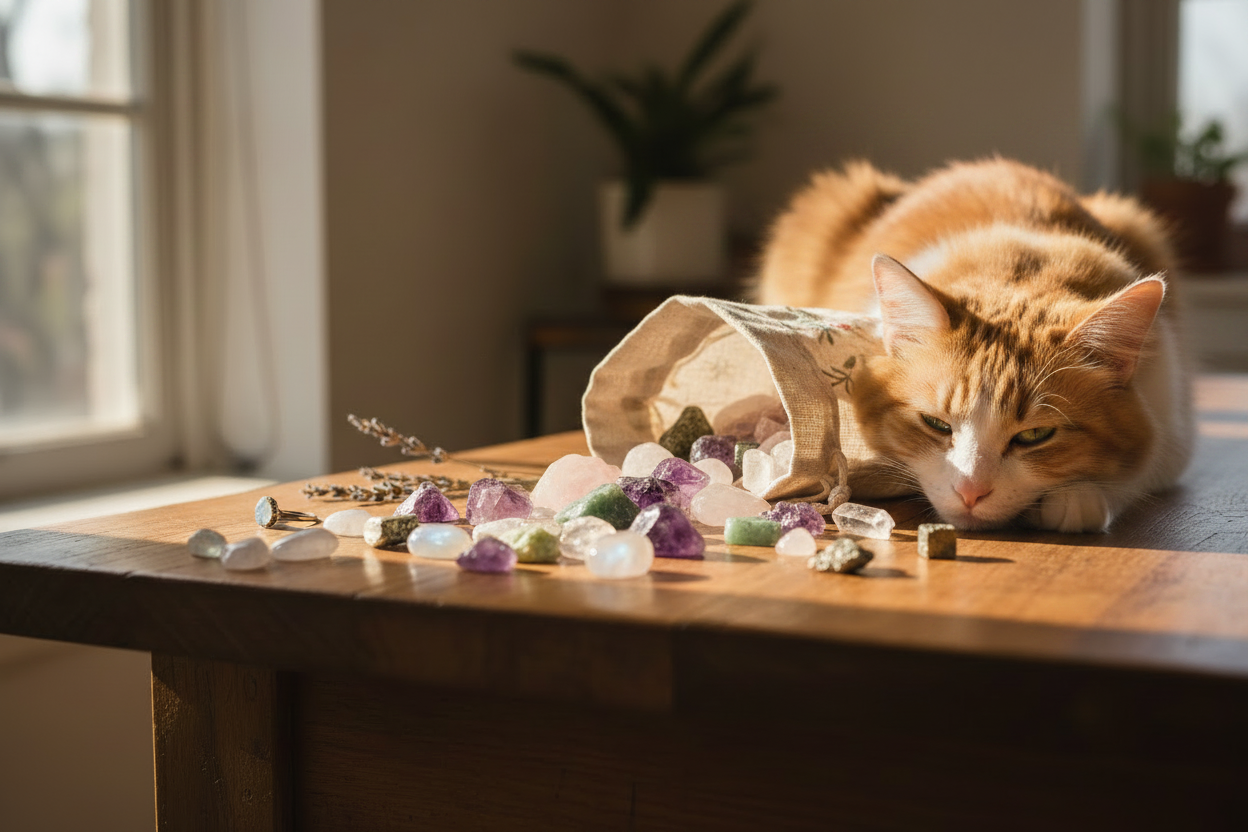 Pochon avec pierres précieuses et chat